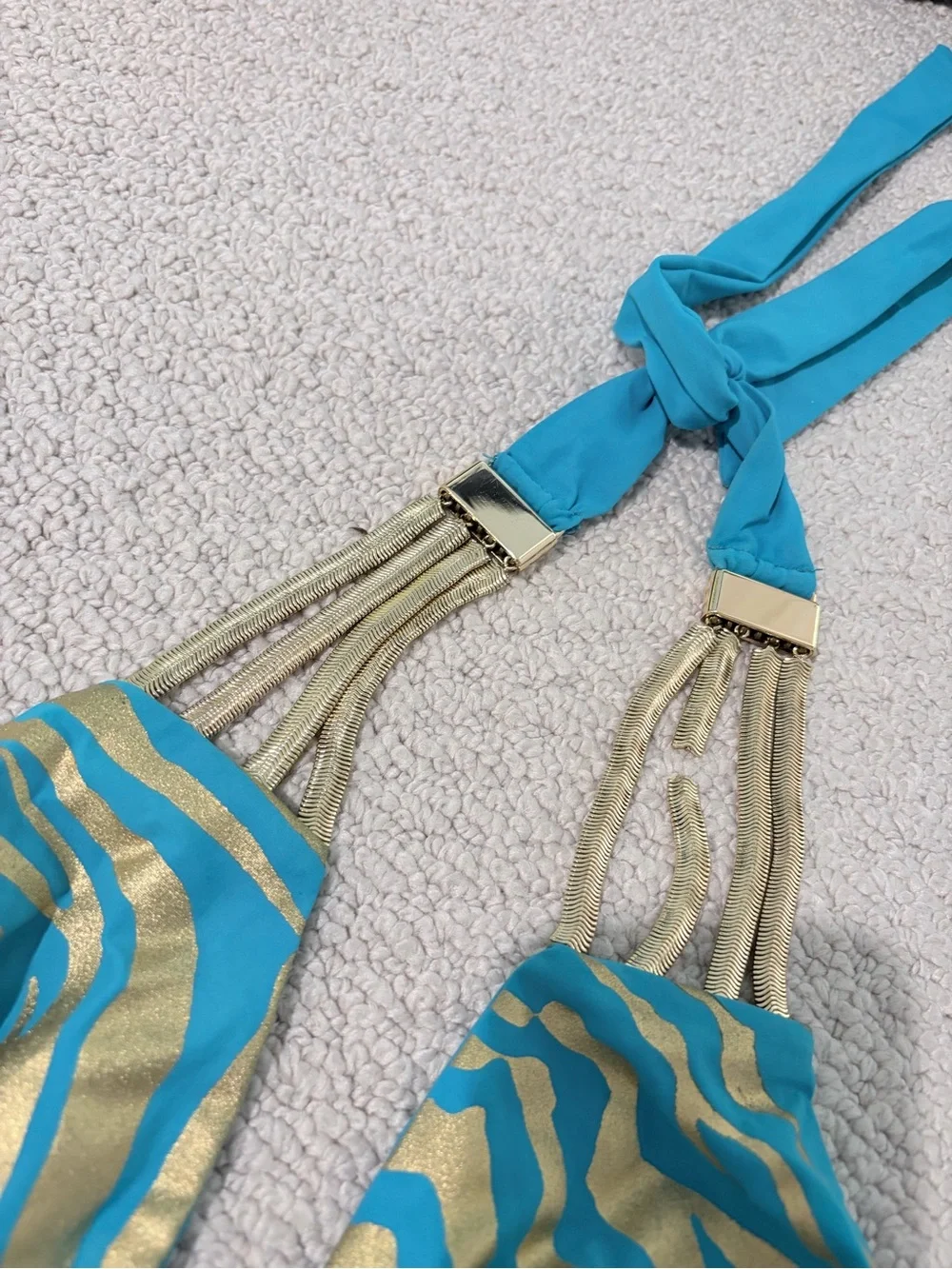 Beach Bunny Turquoise Gold Zebra Bikini Set Chain Flaw